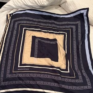 Banana Republic Navy, Beige & Light Blue Silk Logo-Trim Scarf
